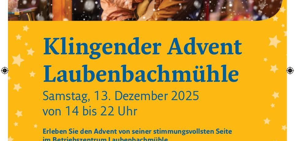 Plakat für die Veranstaltung Klingender Advent in der Laubenmühle am 13. Dezember 2025 von 14 bis 22 Uhr. Zeigt eine Frau und ein Kind in Winterkleidung, die einen Apfel halten. Musikprogramme, Alpakastreicheleinheiten und Adventskränze sind geplant. Ort: 3213 Frankenfels, Laubenbachgegend 18.