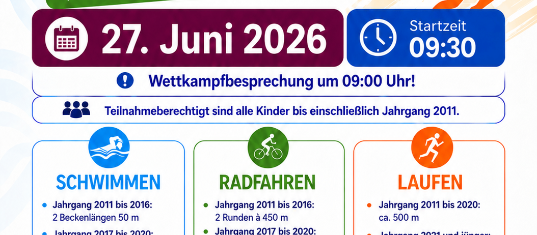 Plakat für den Frankenfelser Cup Kinder-Triathlon. Datum: 27. Juni 2026. Ort: Frankenfels Freibad. Anmeldung bis 22. Juni unter marc.gruber@icloud.com. Altersgruppen: 2011 bis 2020, 500 m Schwimmen. 2021 und jünger, 200 m Schwimmen.