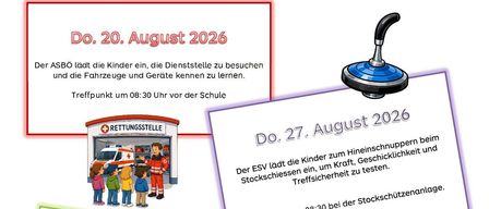Plakat mit Terminen 20. Aug, 27. Aug, 3. Sept 2026. Aktivitäten umfassen den Besuch einer Feuerwehr, Seilklettern und einen Waldspaziergang. Treffpunkt um 08:30 Uhr.