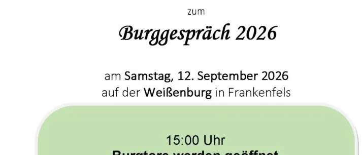 Plakat mit Veranstaltungsdetails für den 12. September 2026 in Weisenburg bei Frankenfels. Gelistete Zeiten sind 15:00 Uhr für die Öffnung, 15:30 Uhr für eine Führung, 16:00 Uhr für eine Schnopsroas-Veranstaltung und 17:30 Uhr für einen Gottesdienst.