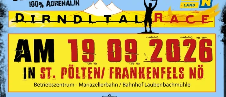Plakat für ein Mountainbikerennen in St. Pölten, Österreich, am 19. September 2026. Die Veranstaltung umfasst ein 100 km langes Abenteuerrennen und ein ungestütztes Gravelrennen. Das Plakat zeigt eine Karte und einen QR-Code für weitere Informationen.