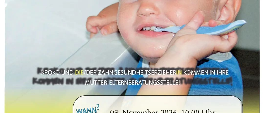 Ein junges Kind putzt seine Zähne mit einer Zahnbürste. Das Bild ist eine Werbung für eine zahnärztliche Beratungsveranstaltung.