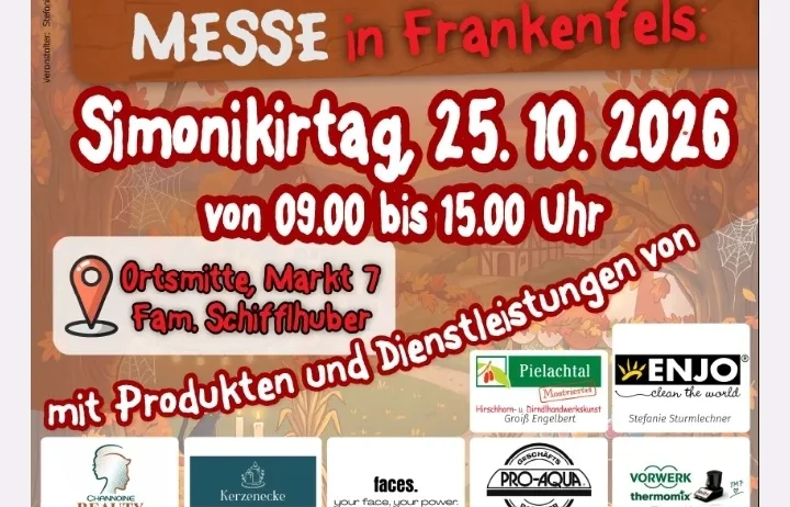 Plakat für eine lokale Veranstaltung in Frankenfels, Österreich, mit einer Vielzahl von Unternehmen und Dienstleistungen. Die Veranstaltung ist für Simonikirtag, 25. Oktober 2026, von 9:00 Uhr bis 15:00 Uhr geplant.