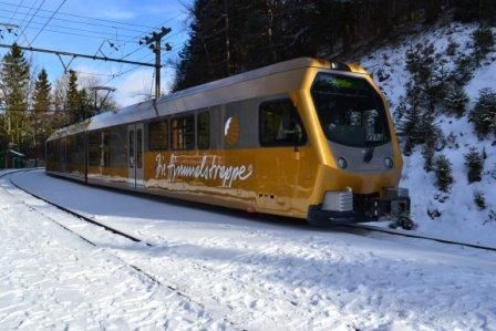 Ein gelber Zug mit weißem Text auf der Seite fährt auf einer verschneiten Eisenbahnstrecke mit Bäumen und Pflanzen an der Seite.