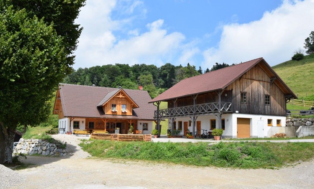Zwei Holzhäuser mit braunen Dächern stehen neben einer Auffahrt, umgeben von Grün. Die Häuser haben Holzbalkone, Fenster und Pflanzen. Im Hintergrund sind Bäume und ein Hügel zu sehen.