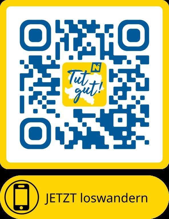 Gelbes und weißes Poster mit einem QR-Code und dem Text Tut gut! darüber. Unter dem QR-Code befindet sich der Text Jetzt loswandern mit einem Telefonsymbol.