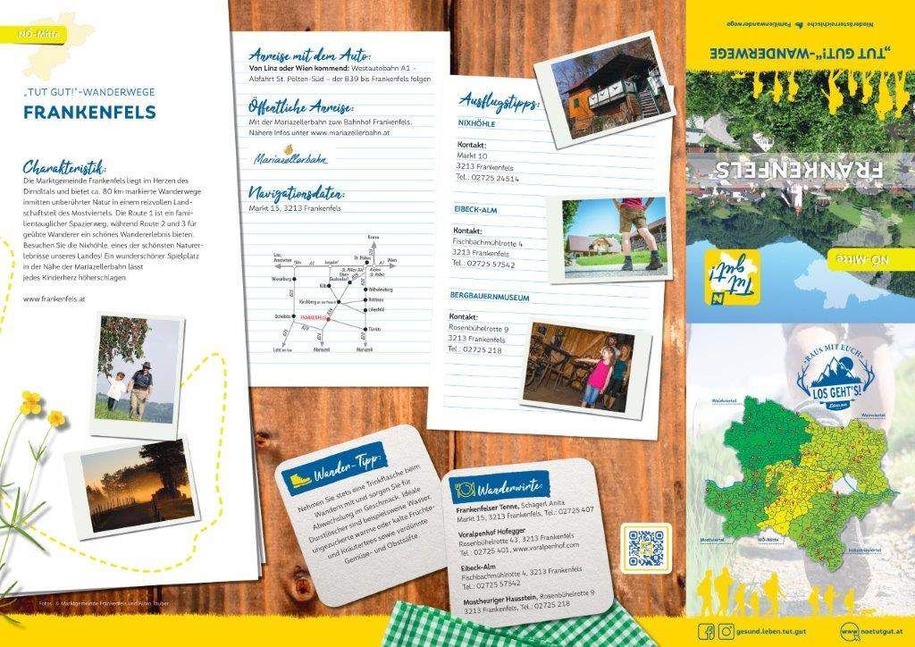 Ein Reiseführer mit Informationen über ein Reiseziel wird auf einer Holzoberfläche angezeigt. Es enthält Informationen über öffentliche Verkehrsmittel, eine Karte und Kontaktdaten. Die Bilder zeigen Landschaften und Menschen, wobei ein Bild ein Kind und einen Erwachsenen zeigt.
