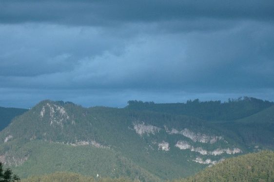 Ein Gebirgszug mit dichter Vegetation und felsigen Bereichen unter einem bewölkten Himmel.