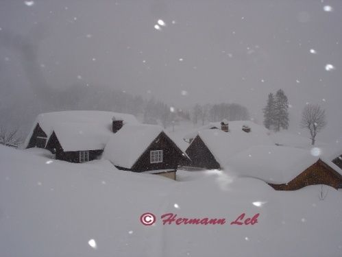 Eine verschneite Landschaft mit kleinen Holzhäusern, die in Schnee bedeckt sind, und einem Wasserzeichen in der unteren rechten Ecke.