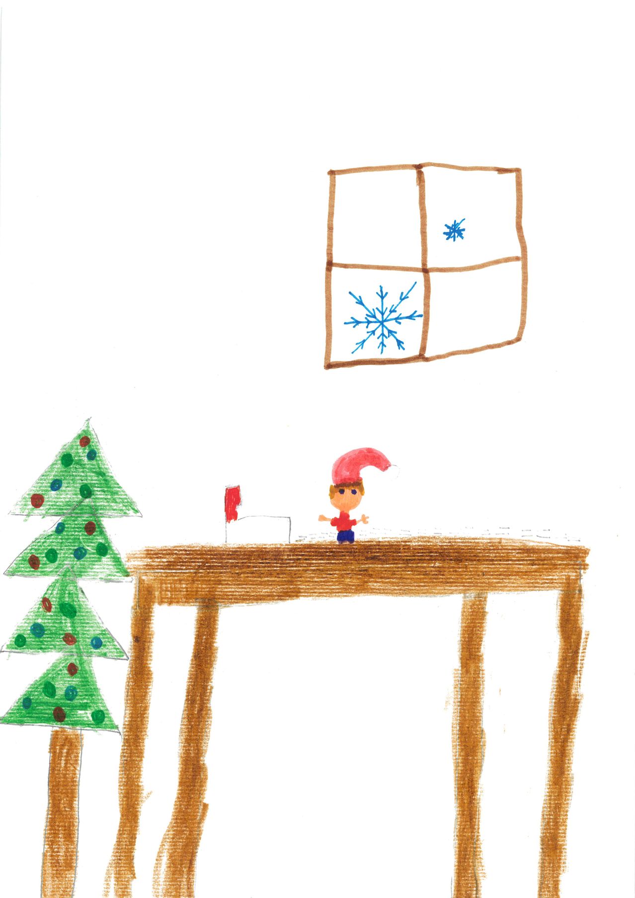 Eine Zeichnung eines Weihnachtsbaums mit einem Jungen in einem roten Hut, der auf einem Tisch steht, mit einem Fenster im Hintergrund, das Schneeflocken zeigt.