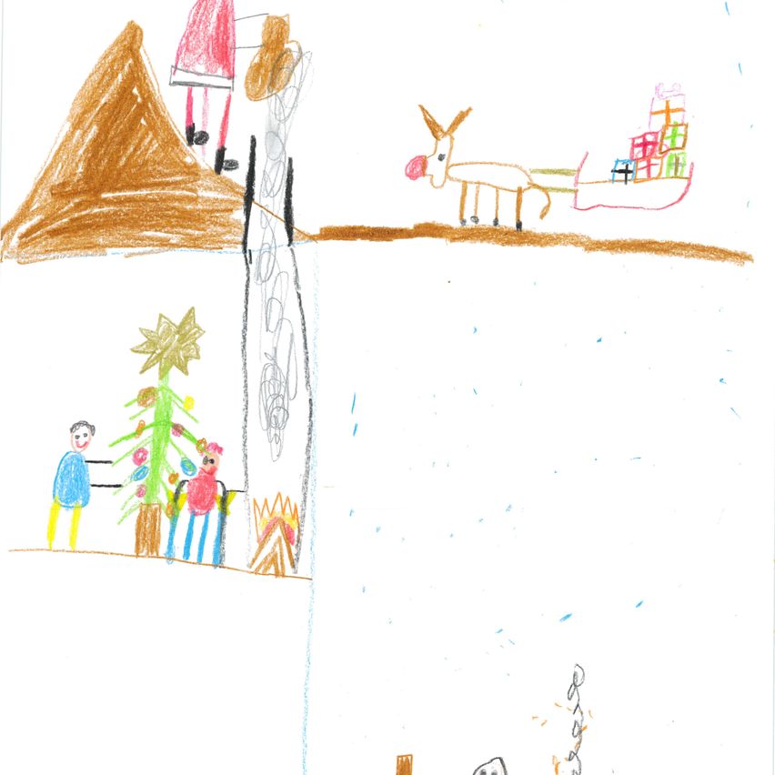 Eine Zeichnung zeigt den Weihnachtsmann, seinen Schlitten und seine Rentiere, die Geschenke verteilen. Zwei Kinder schmücken einen Weihnachtsbaum, und ein Schornstein stößt Rauch aus.