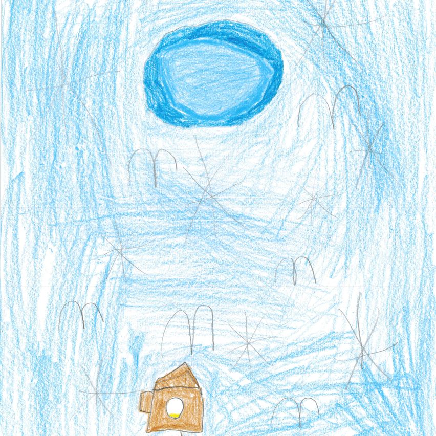 Eine Kinderzeichnung zeigt einen blauen Kreis am Himmel über einem Haus, mit verschiedenen Formen darum herum.