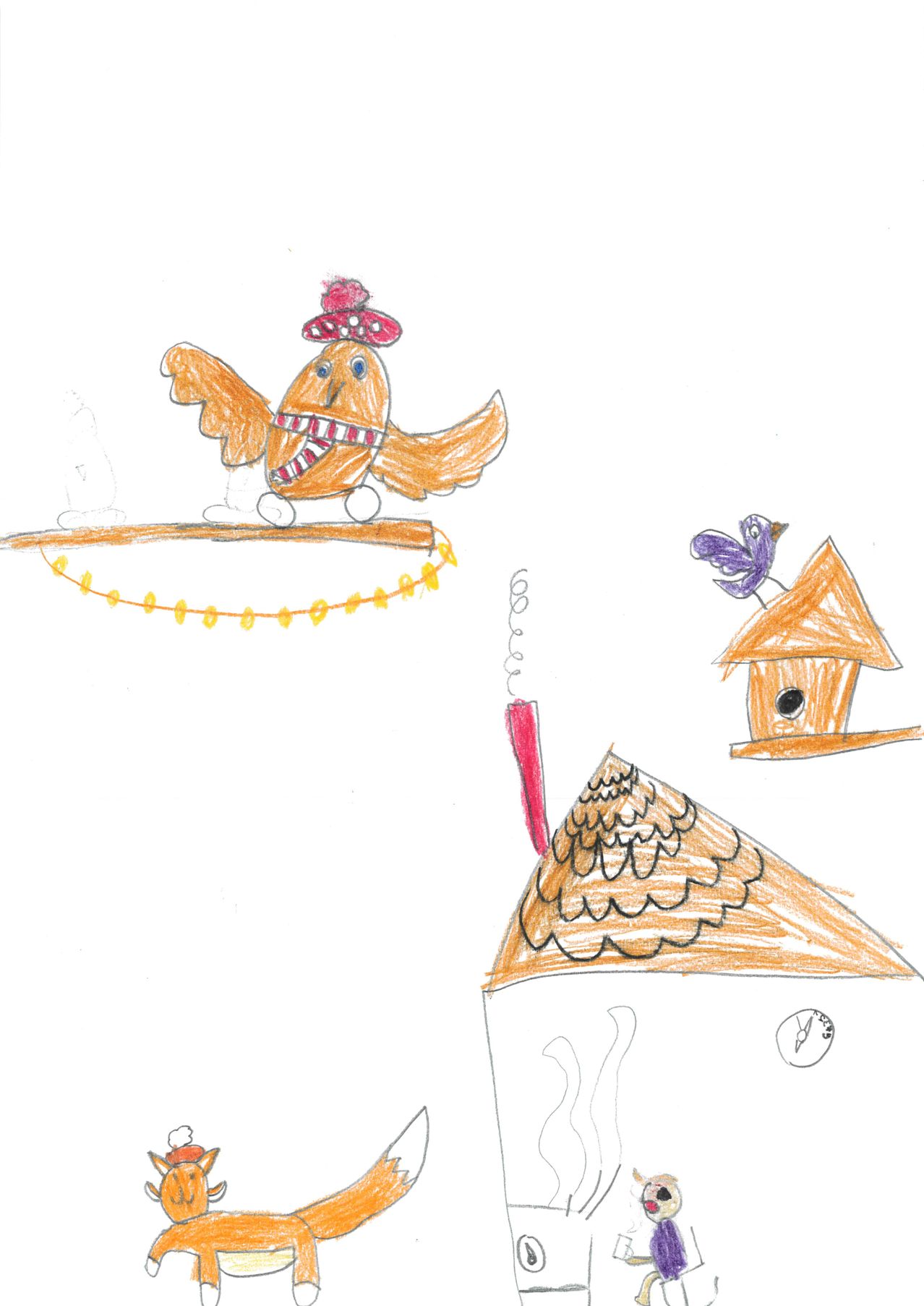 Eine Zeichnung eines Hauses mit Schornstein, einem Vogelhaus und einem Huhn, das einen Hut und eine Krawatte trägt.