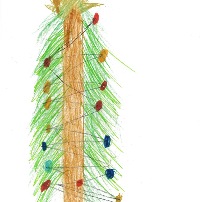 Eine handgezeichnete Weihnachtsbaum mit einem braunen Stamm und grünen Ästen. Es hat bunte Ornamente, einschließlich rot, blau und gelb, die an den Ästen hängen.