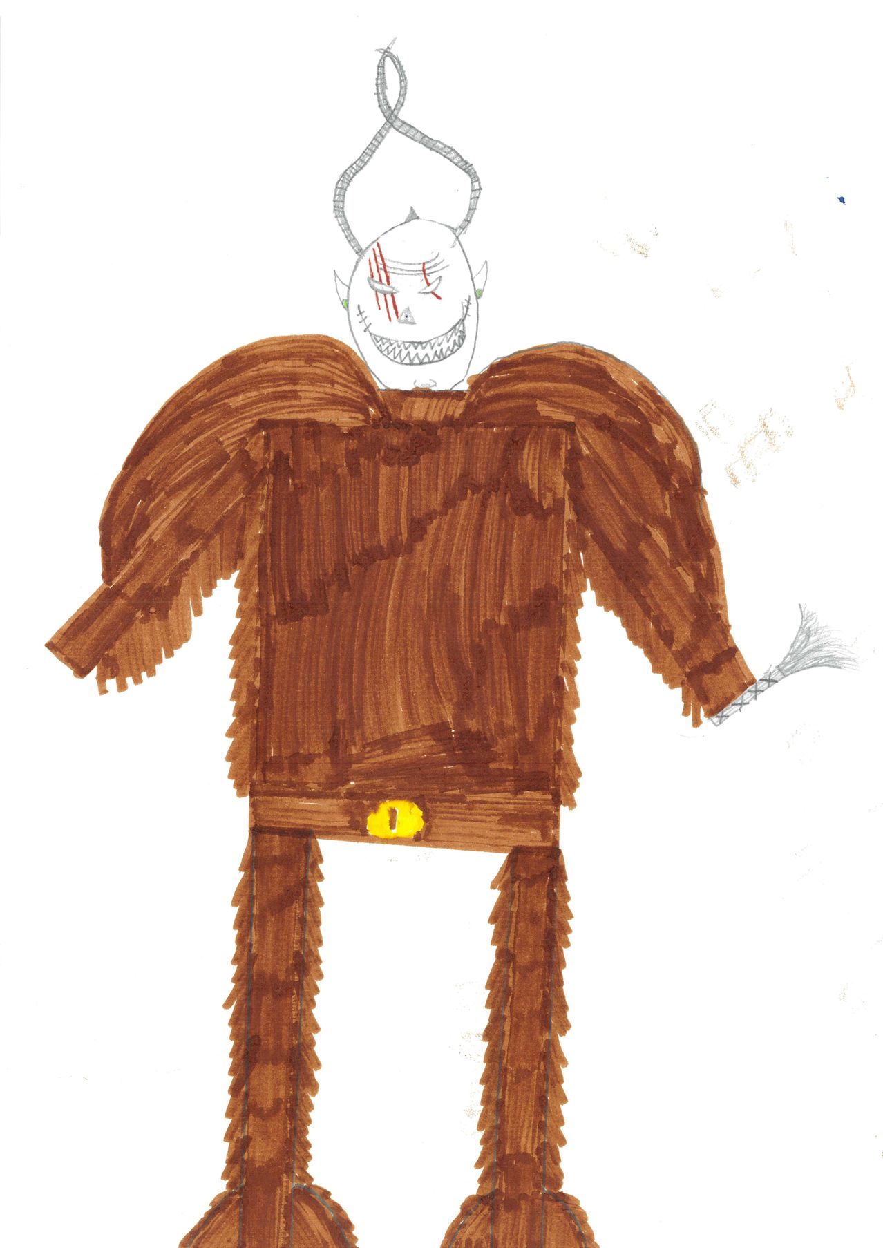 Eine handgezeichnete Illustration eines Monsters mit Hörnern, weißem Gesicht und braunem Fell. Es hat einen gelben Kreis auf der Brust.