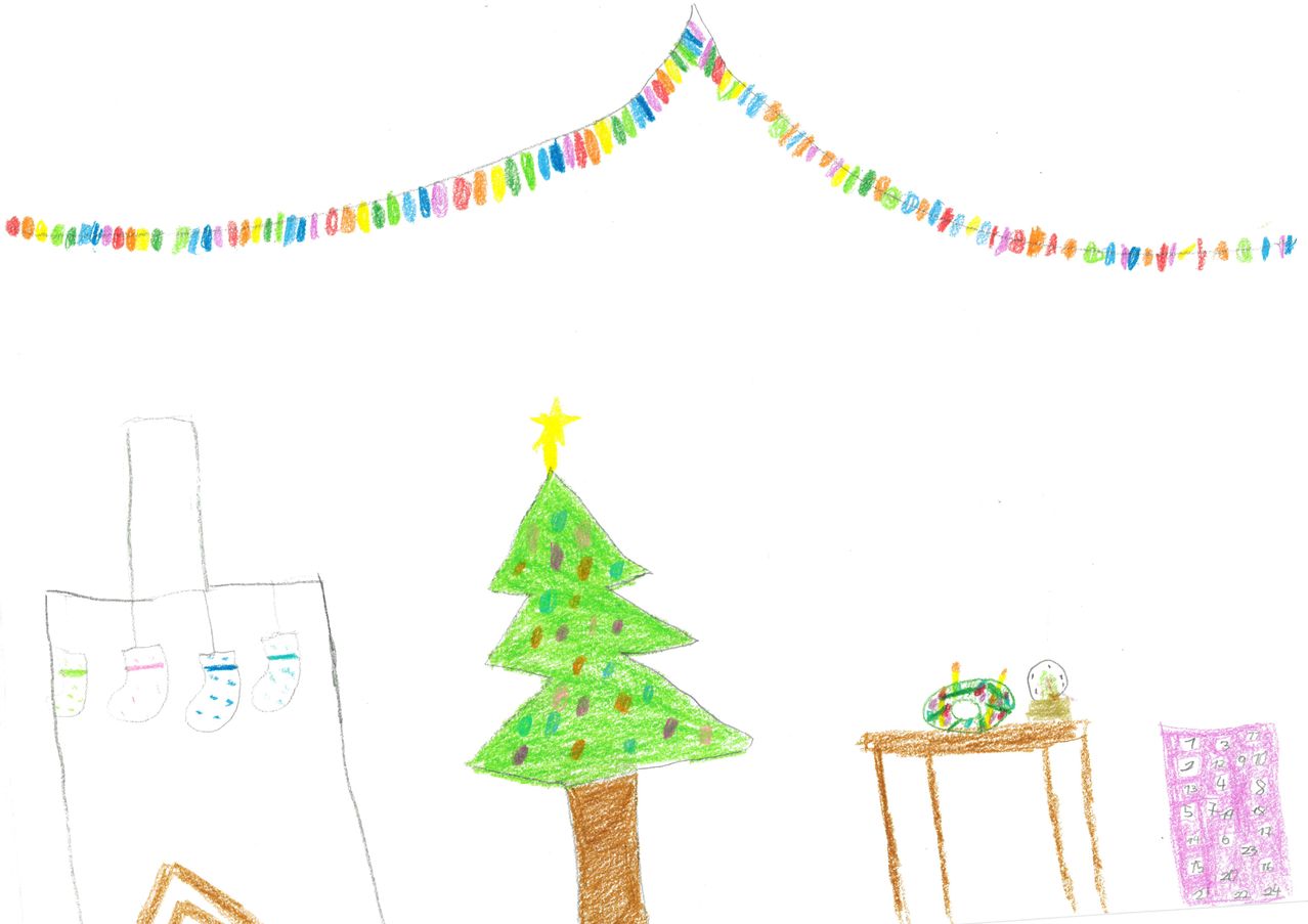 Eine einfache Zeichnung eines Weihnachtsbaums mit einem Stern, bunten Wimpelketten, einem Tisch mit einem Teller und einer Uhr sowie Socken, die an einer Schnur hängen.