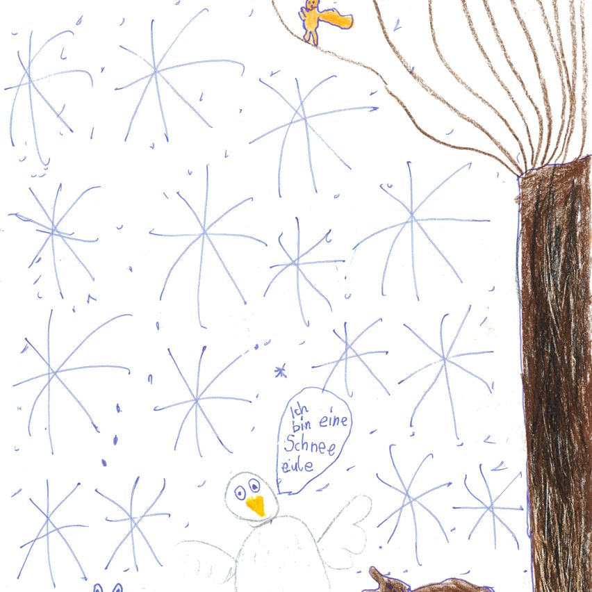Eine Zeichnung einer verschneiten Landschaft mit einem Baum, einer Ente und einem Eichhörnchen, wobei Schneeflocken umherfallen.