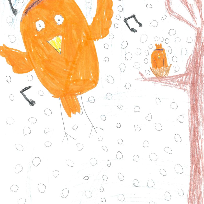 Eine Illustration eines orangefarbenen Vogels, der mit Musiknoten um ihn herum fliegt und einem anderen Vogel, der auf einem Ast sitzt.