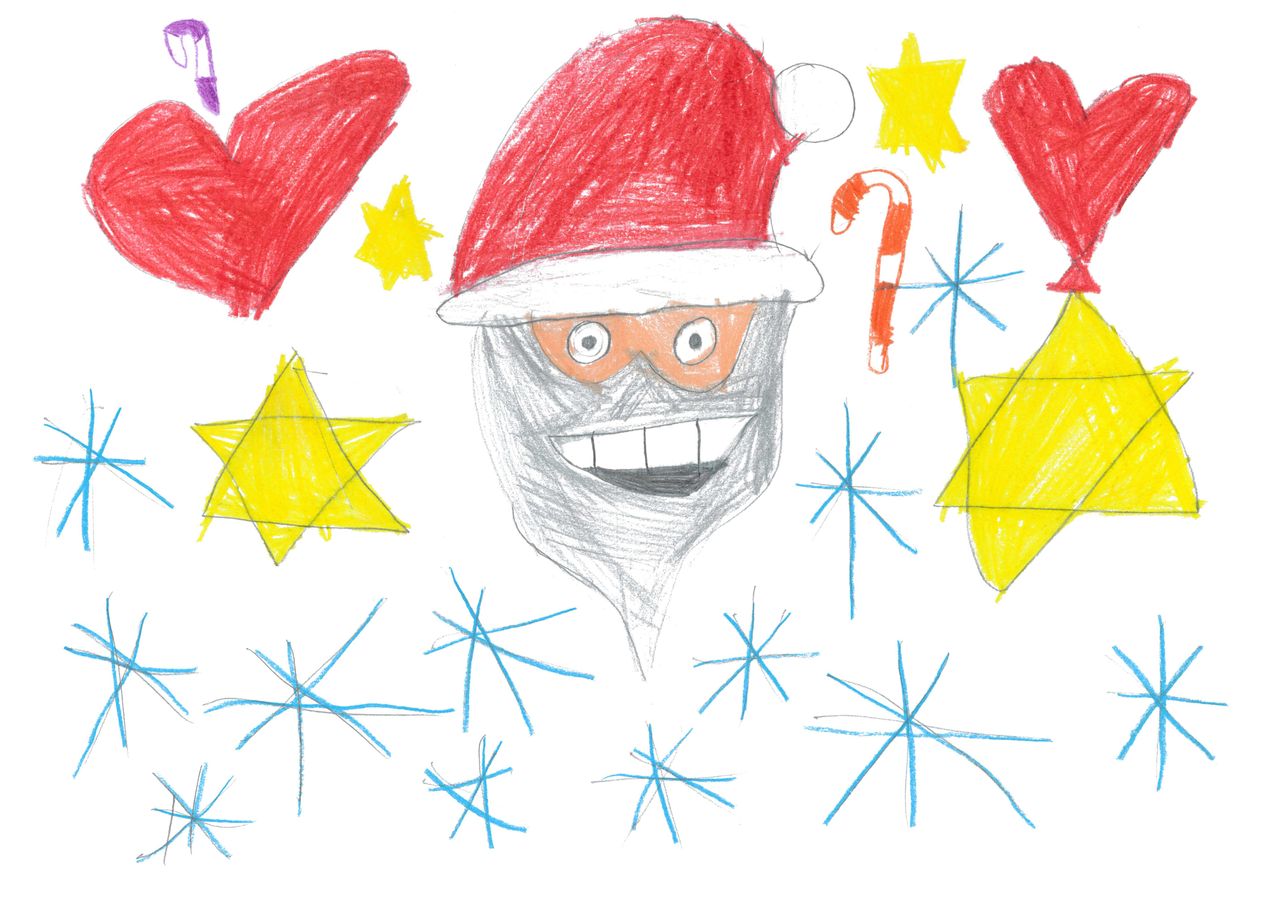 Eine handgezeichnete Abbildung zeigt einen lächelnden Weihnachtsmann mit rotem Hut und langem weißem Bart, umgeben von blauen Schneeflocken und Sternen. Die Zeichnung enthält auch eine Zuckerstange und rote Herzen.