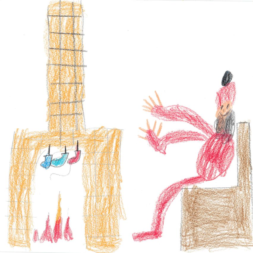 Eine Zeichnung eines Kamins mit drei über ihm hängenden Socken und einer Figur daneben sitzend.