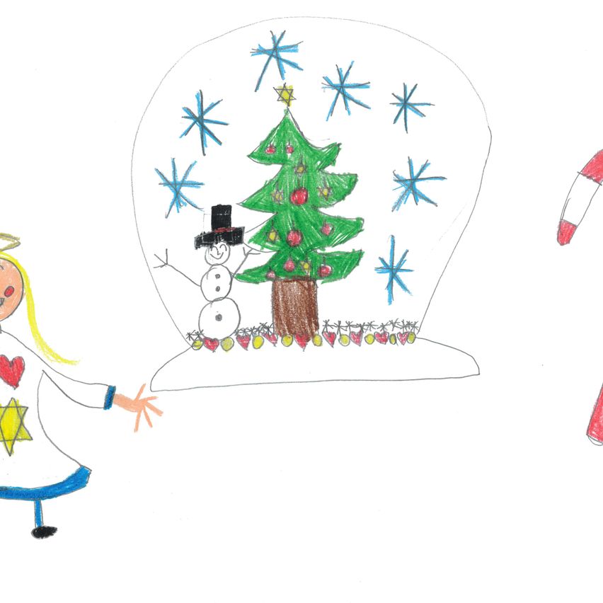Eine Kinderzeichnung einer Schneekugel mit einem Weihnachtsbaum und einem Schneemann darin. Die Kugel ist mit Sternen und Herzen verziert. Ein Mädchen trägt ein weißes Kleid mit einem Stern und einem Herzen.