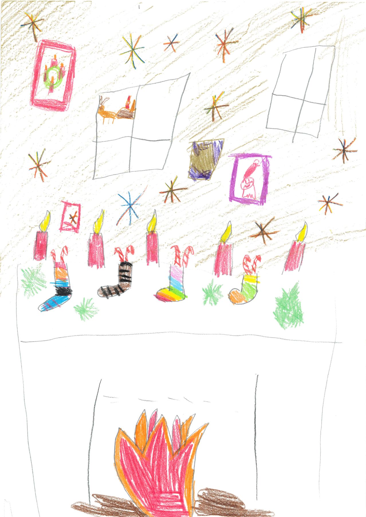 Eine farbenfrohe Zeichnung eines Kamins mit Kerzen, Socken und Weihnachtsdekorationen auf dem Kaminsims. Sterne und Schneeflocken schmücken die Wände.