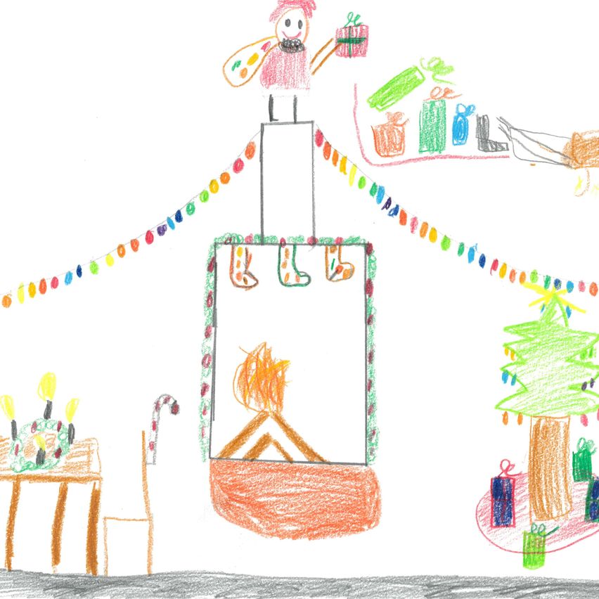 Eine Zeichnung eines Schornsteins mit einem Feuer darin, einem Kind obenauf und Geschenken drum herum. Die Zeichnung zeigt auch einen Tisch mit einem Kranz und einer Zuckerstange.