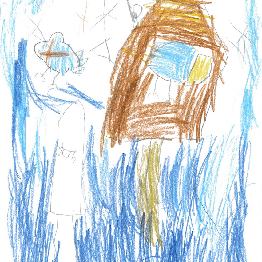 Eine handgezeichnete Illustration zeigt eine Figur mit einem Kreuz auf dem Kopf, die in hohen blauen Gras steht, mit einem Vogelhaus im Vordergrund.