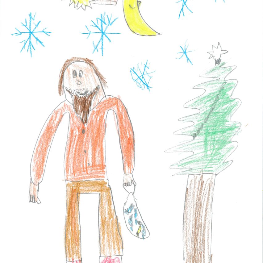 Eine Zeichnung eines bärtigen Mannes mit einer Tasche, der neben einem Weihnachtsbaum steht, unter einem verschneiten Himmel mit Schneeflocken, Mond und Sternen.