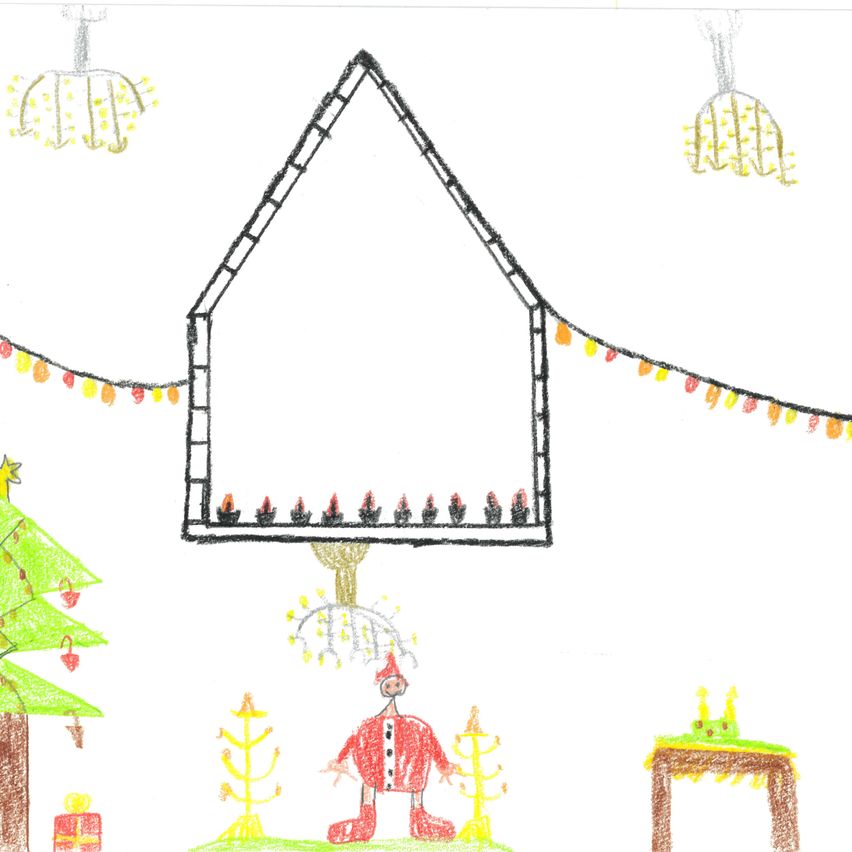 Eine Kinderzeichnung einer Weihnachtsszene mit einem Haus, Weihnachtsmann, Weihnachtsbaum und Geschenken.