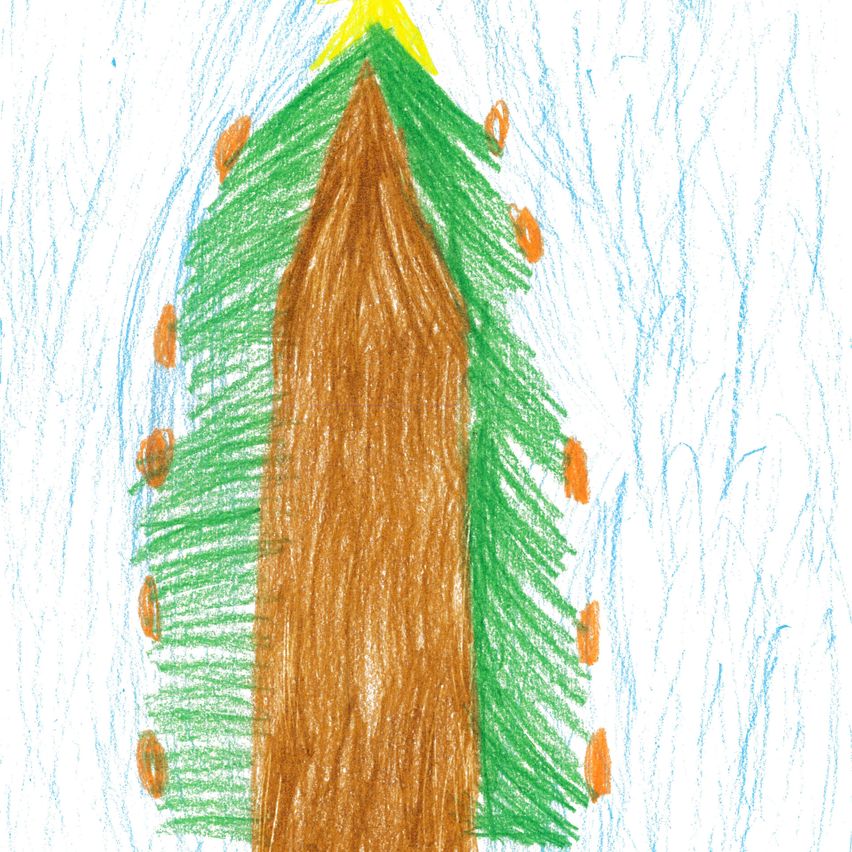 Eine Kinderzeichnung eines Weihnachtsbaums mit einem gelben Stern oben und einem blauen Himmelshintergrund.