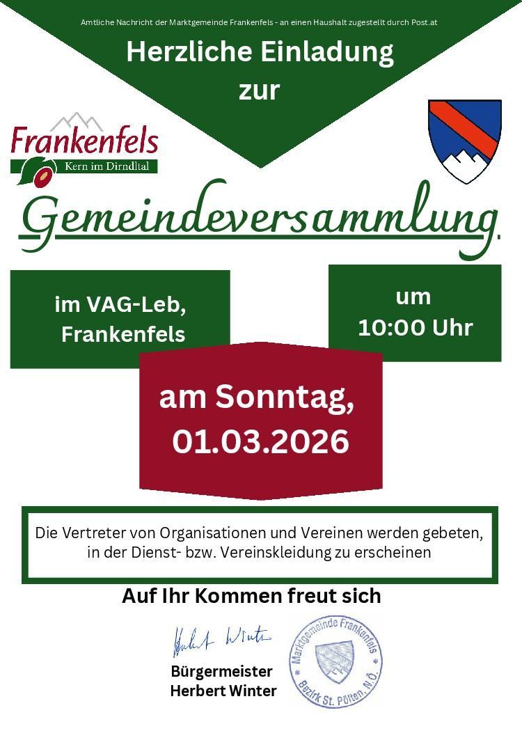 Plakat für die Gemeindeversammlung in Frankenfels am 01.03.2026 um 10:00 Uhr. Es lädt Vertreter von Organisationen und Vereinen in ihrer Dienst- bzw. Vereinskleidung ein.
