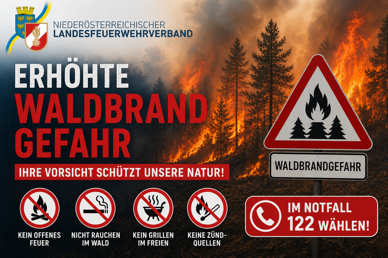 Ein Poster zeigt einen Waldbrand mit einer Warnung zum Schutz der Natur. Symbole unten zeigen kein Rauchen, kein Grillen und keine offenen Flammen. Ein Schild zeigt eine Telefonnummer für Notfälle.