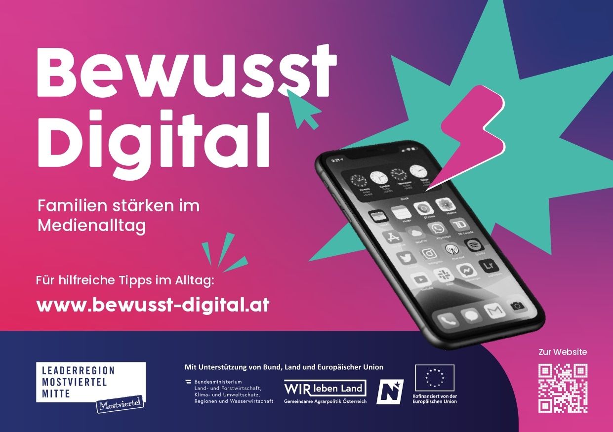 Werbeanzeige für eine digitale Aufklärungskampagne mit einem Smartphone. Der Text ermutigt zur täglichen digitalen Stärke mit praktischen Tipps. Unterstützt von Bund, Land und Europäischer Union. Besuchen Sie bewusst-digital.at.