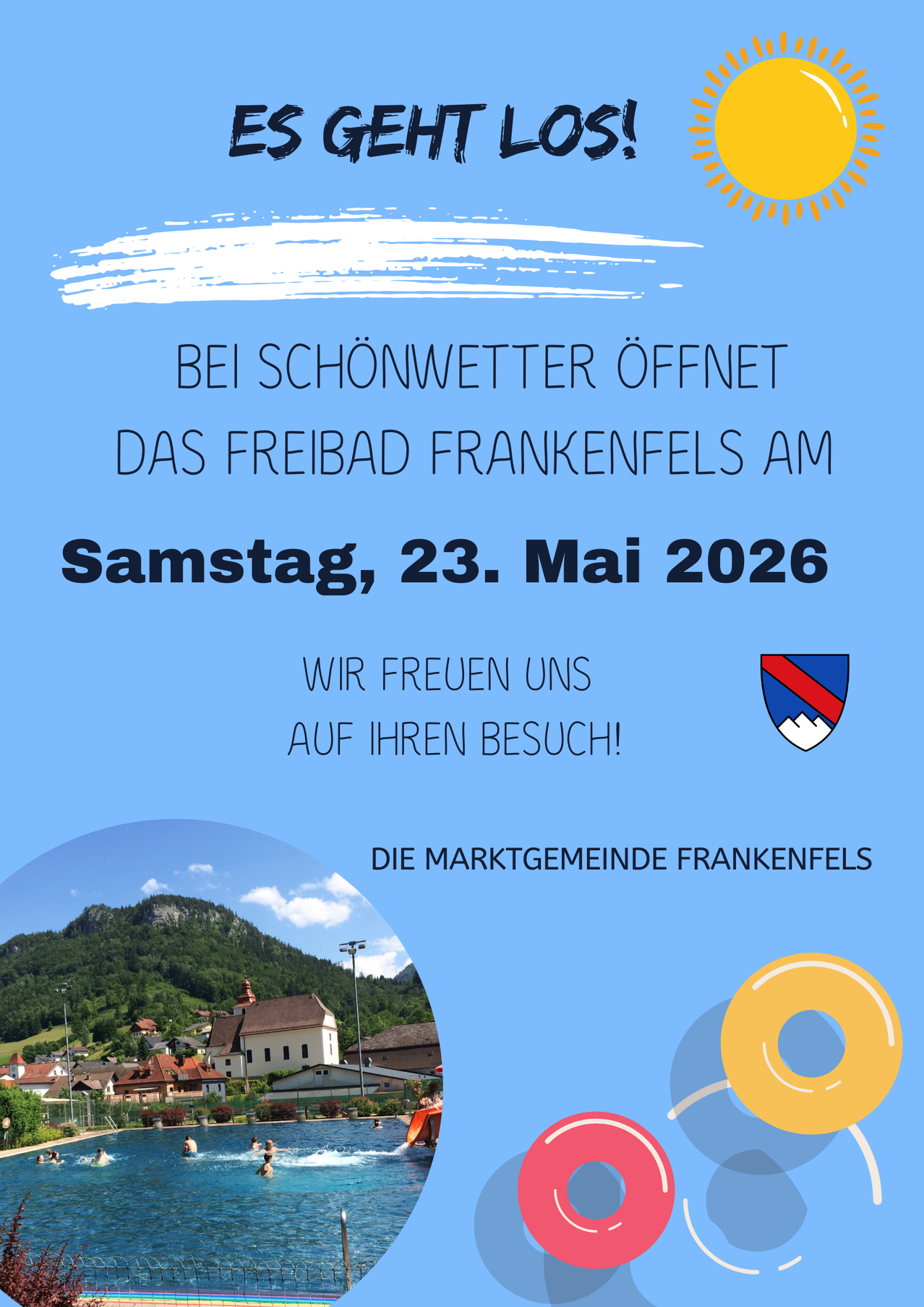 Plakat zur Eröffnung des Frankenfels-Schwimmbads am Samstag, 23. Mai 2026. Es zeigt eine malerische Ansicht eines Dorfes mit Bergen und Sonne.