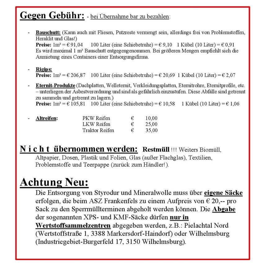 Das Dokument beschreibt Entsorgungsgebühren und -beschränkungen, einschließlich Kosten für sperrige Gegenstände, Baumaterialien und gefährliche Abfälle. Abfall wie Schaum und Glas kann akzeptiert werden, aber nicht mit problematischen Materialien gemischt. Andere Materialien wie Biomaterial, Verpackungen und Textilien werden nicht akzeptiert. Die Entsorgung von Styropor und Mineralwolle muss über spezielle Säcke erfolgen, die bei ASH-Recyclingzentren erhältlich sind.