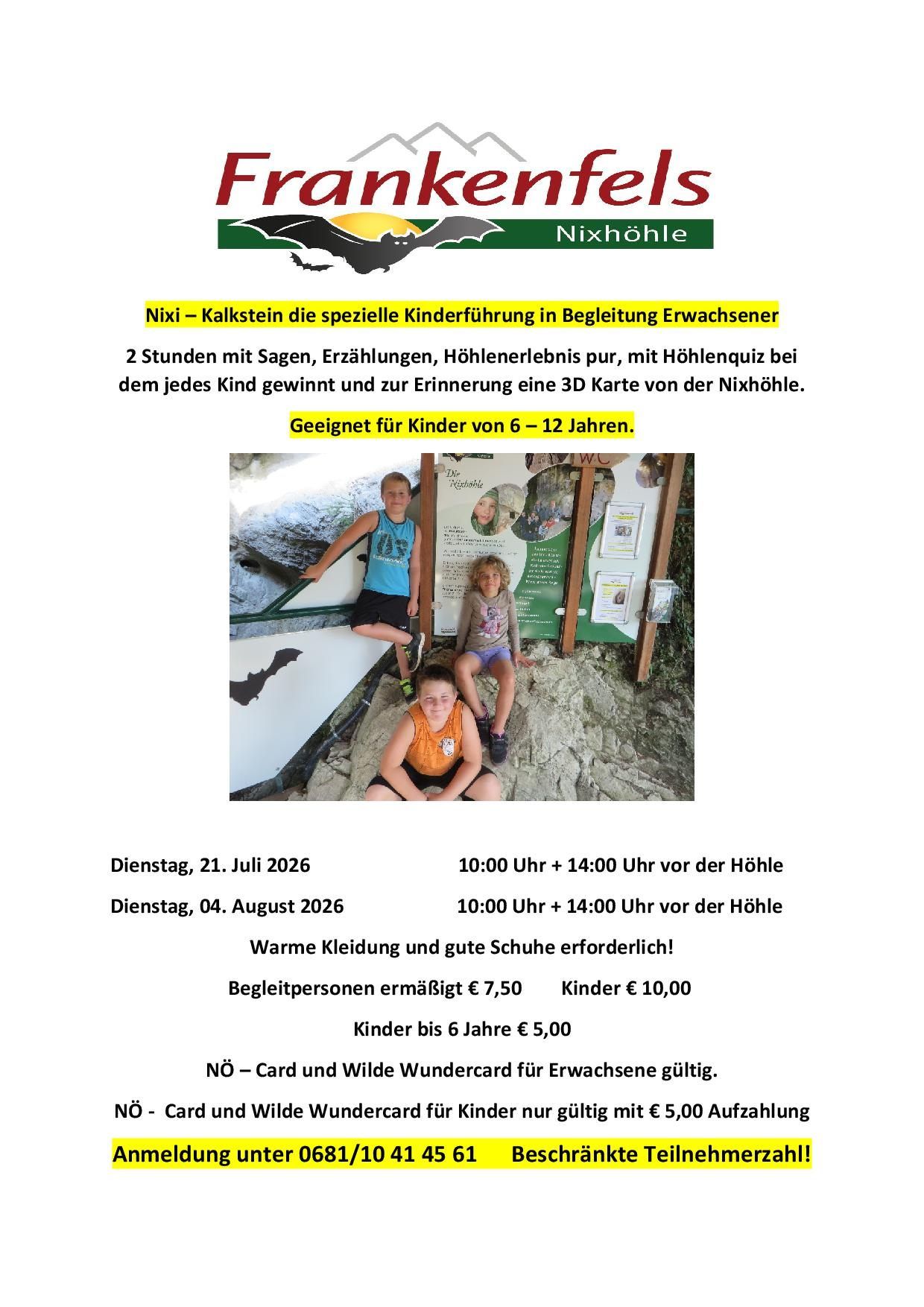 Poster for a special children's tour at Nixhoehle cave. It features three children sitting on rocks, with a cave background and educational signs. The poster includes details about the tour, dates, and ticket prices.