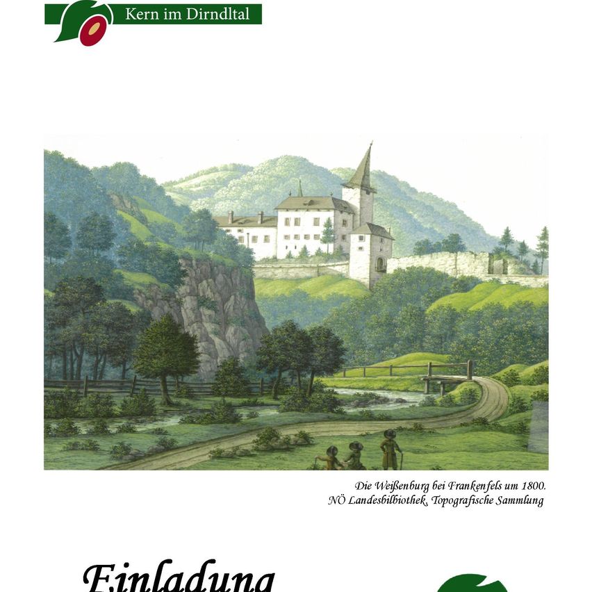 Eine Illustration der Burg Weisenburg bei Frankenfels um 1800, die eine auf einem Felsen thronende Burg mit einer Brücke und einem Weg zeigt.