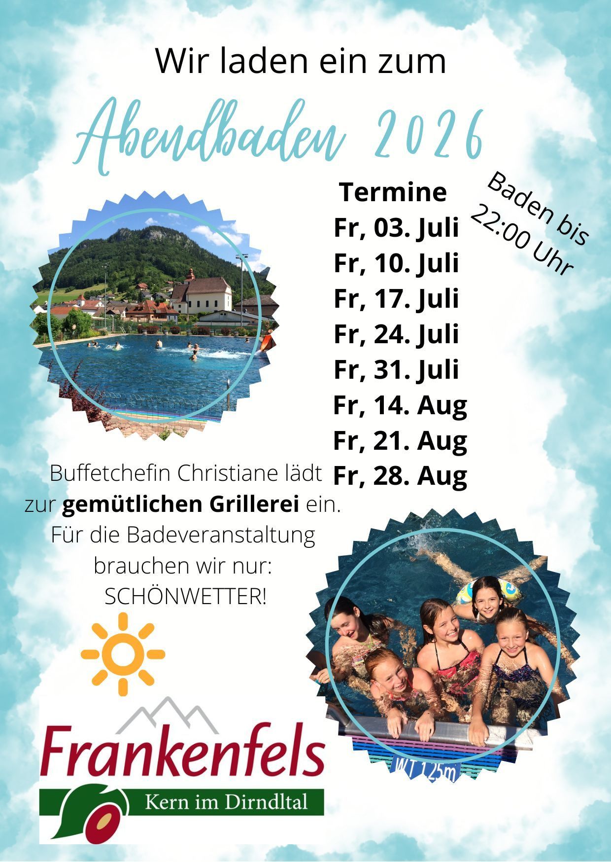 Plakat für Abendschwimmen-Events 2026. Termine von 3. Juli bis 28. August. Buffetköchin Christiane lädt zu einem gemütlichen Grillabend ein. Nur gutes Wetter ist nötig.