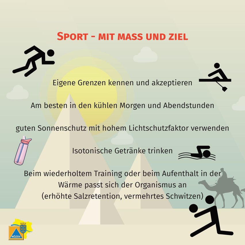 Infografik mit Tipps für sicheres Training bei Sonnenschein. Es beinhaltet das Kennen und Akzeptieren der eigenen Grenzen, den Einsatz guten Sonnenschutzes, das Trinken isotonischer Getränke und die Beachtung der körpereigenen Reaktion auf Hitze.