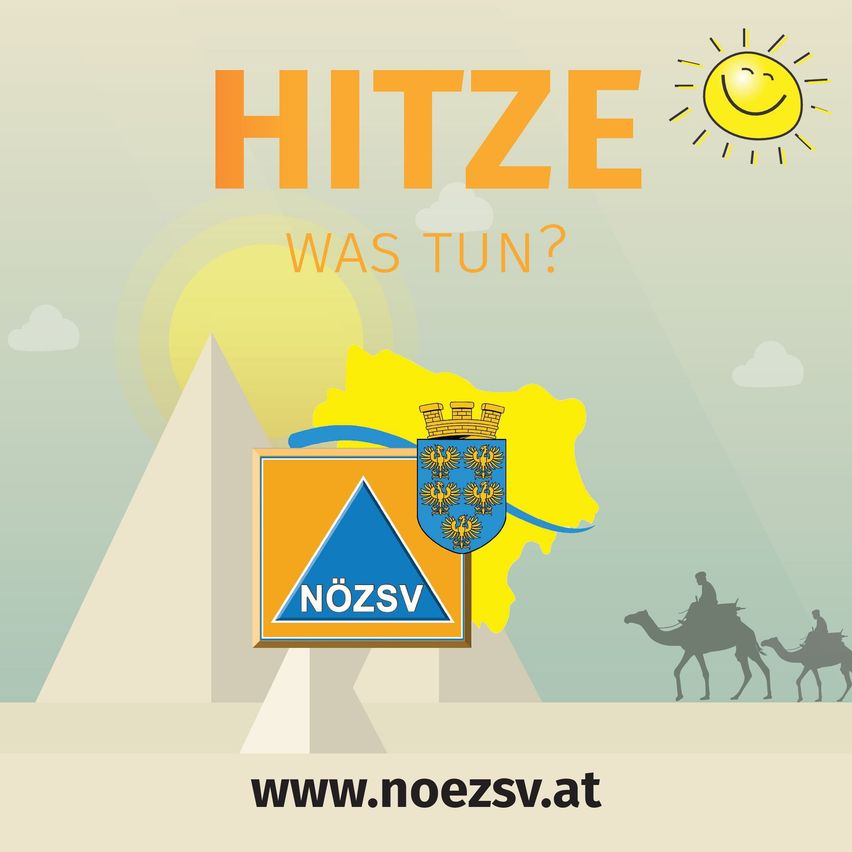 Eine Werbung für Noezsv.at zeigt eine Karte mit Pyramiden und Kamelen und fragt: 'HITZE WAS TUN?' mit einer Sonne und einem lächelnden Gesicht.