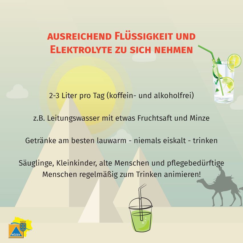 Infografik mit rotem und weißem Text, der rät, täglich 2-3 Liter Flüssigkeiten zu sich zu nehmen, vorzugsweise ohne Koffein oder Alkohol. Empfiehlt das Trinken von Getränken bei lauwarmer Temperatur. Zeigt ein Bild eines Kamels und eines Bechers mit Strohhalm.