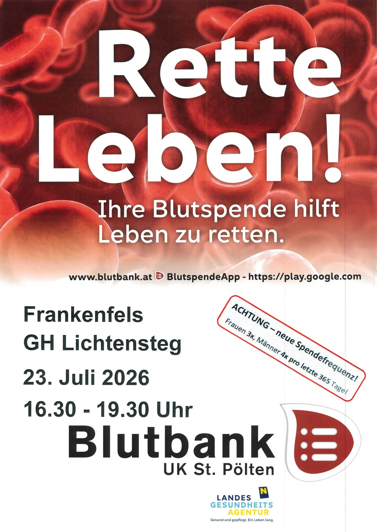 Blood donation event in Frankenfels, GH Lichtensteig, on July 23, 2026 from 16:30 to 19:30. Website: www.blutbank.at, app: BlutspendeApp. Red blood cells image.