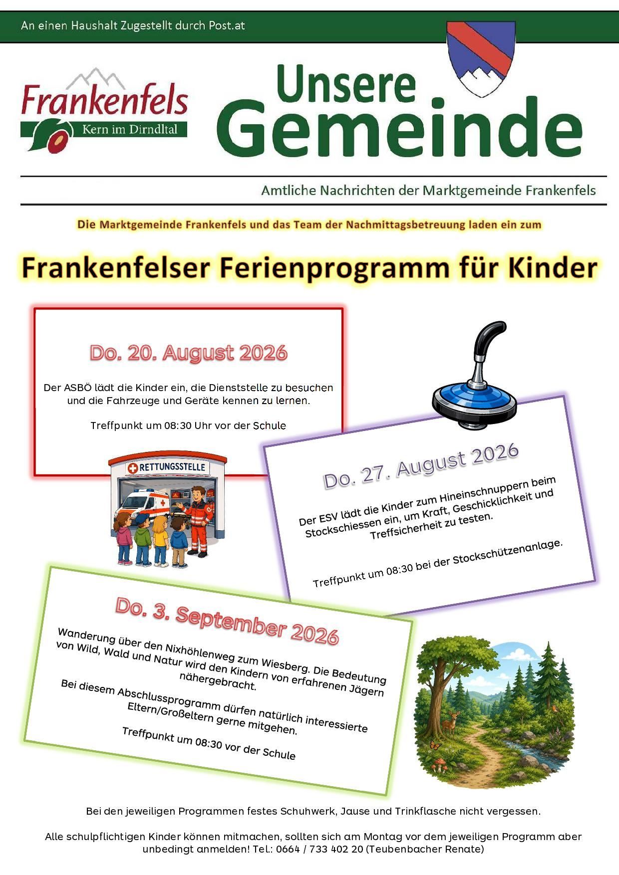 Poster for children's vacation program in Frankenfels. Dates: August 20, 27, and September 3, 2026. Activities include visiting a fire station, learning about vehicles, and a hiking trip to Wiesberg.
