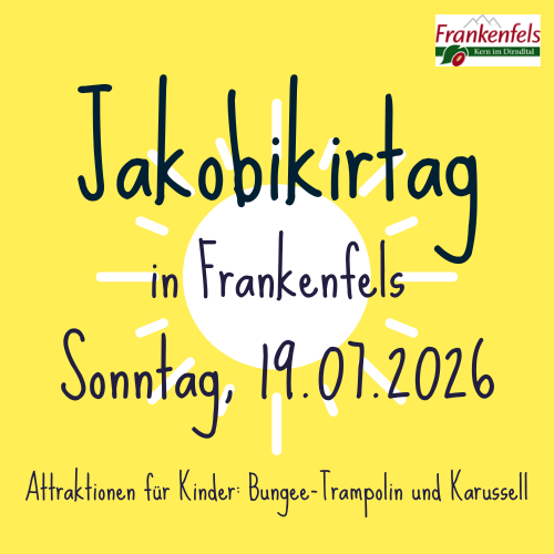 Poster for Jakobikirchtag in Frankenfels on July 19, 2026, featuring attractions for children such as a bungee trampoline and a carousel.