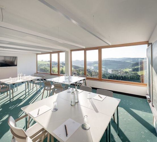 Ein leerer Konferenzraum mit weißen Wänden, grünem Teppich und großen Fenstern mit Blick auf eine Berglandschaft. Es gibt mehrere Tische und Stühle im Raum, eine Tafel und ein Monitor an der Wand.