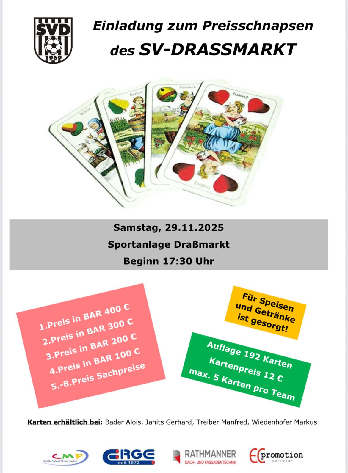 Poster for sports event on Saturday, 29.11.2025. Cards for sale at different prices. Food and drinks provided.