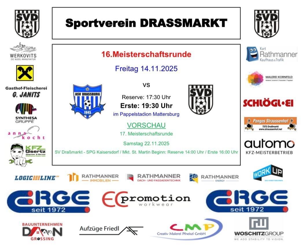 Poster for Sportverein Drassmarkt's 16th championship round on November 14, 2025. Includes reserve and first match times, location, and additional round details. Sponsors and logos are present.