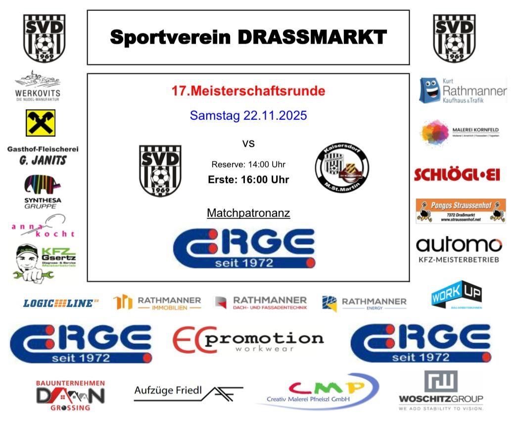Plakat für Sportverein Dr.Assmarkt 17. Meisterschaftsrunde am Samstag, 22. November 2025. Spiele um 14:00 und 16:00 Uhr. Sponsorenlogos und Markennamen sind zu sehen.