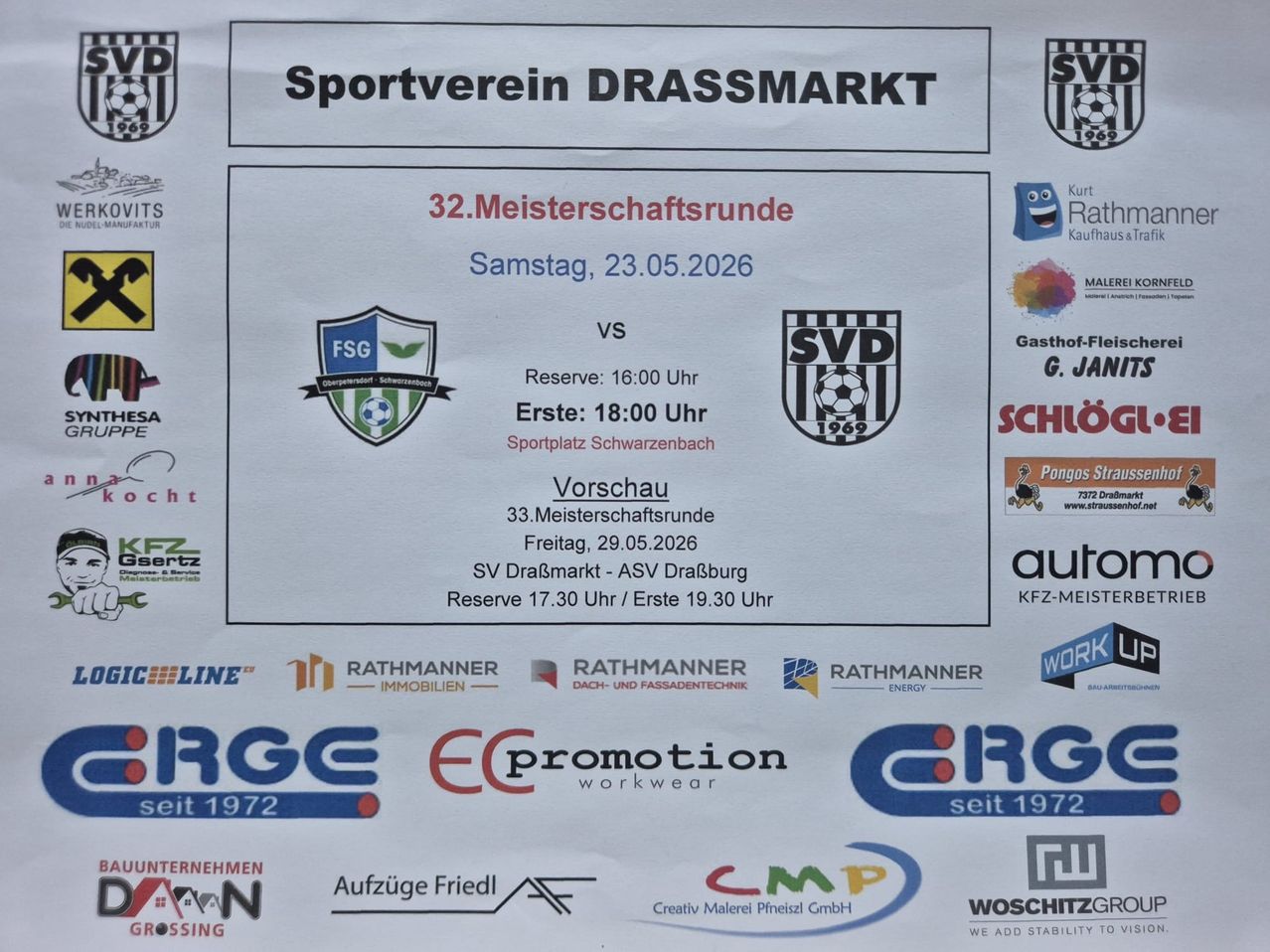 Poster for Sportverein Draßmarkt's 32nd championship round. Date: Saturday, May 23, 2026. Reserve matches at 16:00, main match at 18:00. Preview for the 33rd round on Friday, May 29, 2026. Includes sponsor logos.
